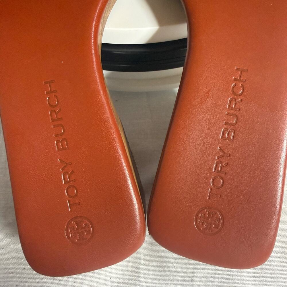 Tory Burch Basketweave Brown Leather Wooden Clog Slip On Size 6 medium - Picture 5 of 6